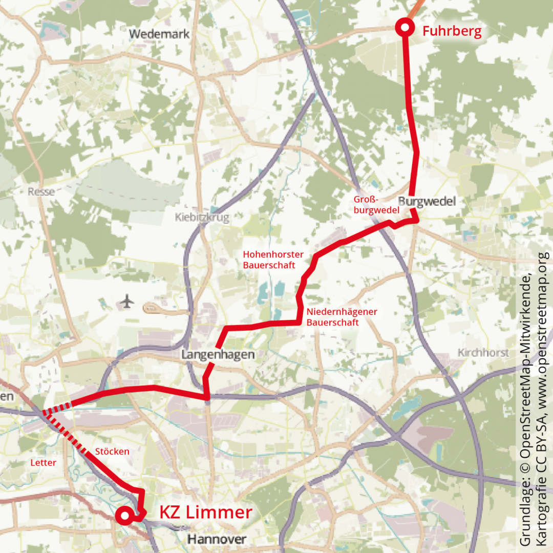 Strecke des Räumungsmarsches des KZ Conti-Limmer, 1. Tag | AK KZ Limmer, CC BY-SA 4.0