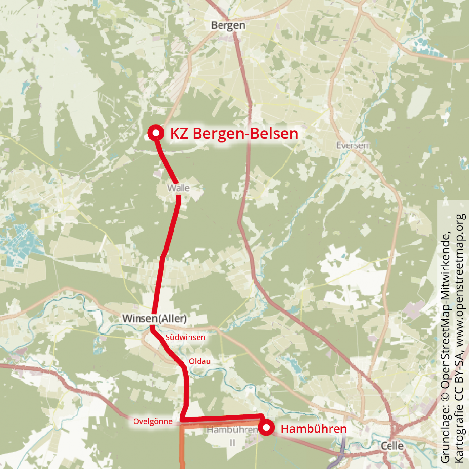 Strecke des Räumungsmarsches des KZ Conti-Limmer, 3. Tag | AK KZ Limmer, CC BY-SA 4.0