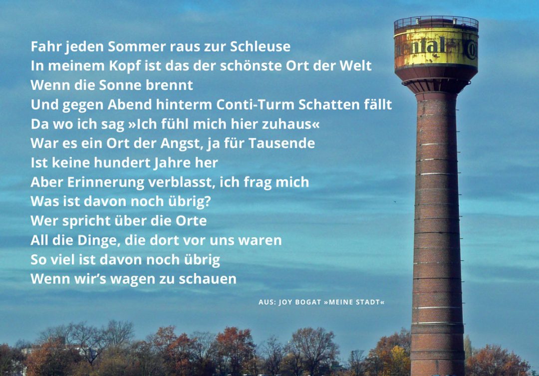 Foto des Conti-Turms mit Textauszug aus »Meine Stadt« von Joy Bogat | AK KZ Limmer