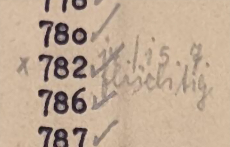 Detail einer Häftlingsliste im Unternehmensarchiv der Continental AG, in der bei der Gefangenen mit der Nummer 27782, Mariette Muller, »14./15.7. flüchtig« notiert wurde | Foto: Tim Rademacher (Ausschnitt)