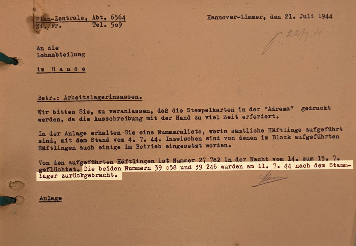 Internes Schreiben der Continental A. G. vom 21. Juli 1944 aus dem Continental-Unternehmensarchiv (CUA) | Foto: Tim Rademacher
