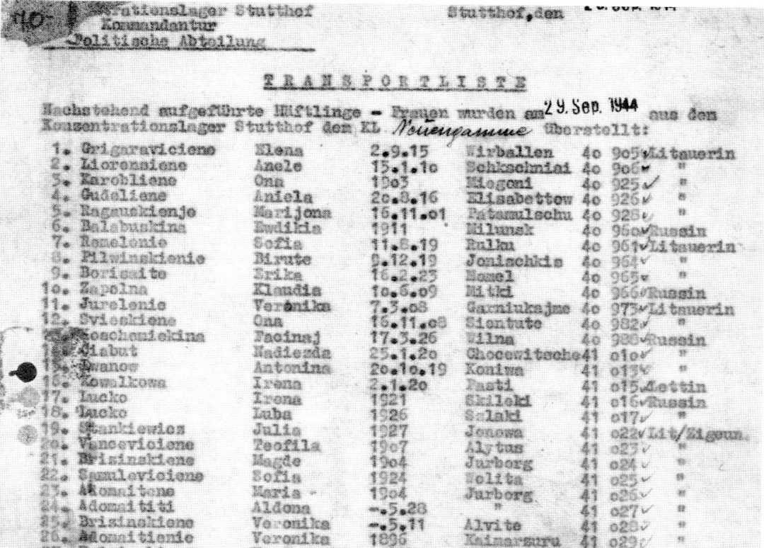 Transportliste des KZ Stutthof vom 29.09.1944 (Ausschnitt) | aus: Anschütz / Heike: »›Man hörte auf, ein Mensch zu sein‹ Überlebende aus den Frauenkonzentrationslagern in Langenhagen und Limmer berichten«. Dort ist die gesamte Liste dokumentiert.