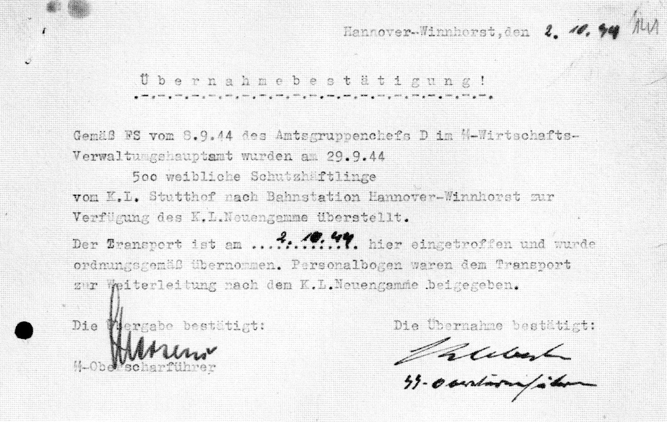 Übernahmebestätigung des Stützpunktleiters der hannoverschen Konzentrationslager Kurt Klebeck vom 02.10.1944 | Quelle wie oben