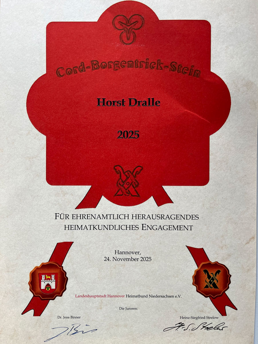 Urkunde Cord-Borgentrick-Stein 2025 für Horst Dralle